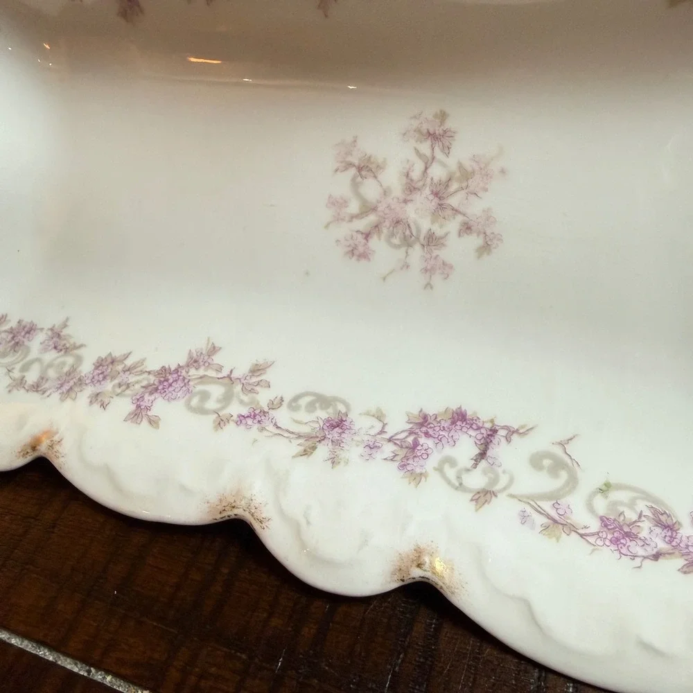 A. Lanternier Limoges Antique Celery Relish Dish Floral Scalloped Gold Puple VTG